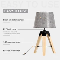 HOMCOM Wooden Tripod Table Lamp for Side, Desk or End Table with E27 Bulb Base（Grey Shade）(m-5)
