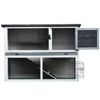 PawHut Small Animal Two-Level Fir Wood Guinea Pigs Hutches Bunny Cage w/ Slide Out Tray Grey(m-9)