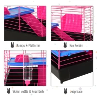 PawHut Dwarf Hamster Metal Cage Guinea Pigs Hutches w/ Tunnels Pink(m-5)