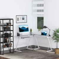 HOMCOM Office Gaming Desk L Shape Straight Corner Table Computer Work Station Laminated Sturdy w/ Keyboard Tray White(m-10)