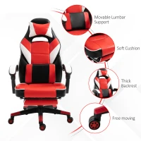Vinsetto Cool & Stylish Gaming Chair Ergonomic Recliner w/ Thick Padding Footrest Neck & Back Pillow 5 Wheels Racing Swivel Height Adjustable Home Office Red(m-5)