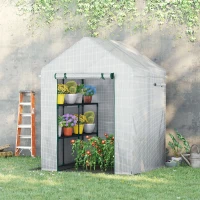 Outsunny Estufa de Jardim 143x143x195cm Estufa de Aço com 2 Prateleiras Porta e 2 Janelas Enroláveis para Cultivo de Plantas Vasos de Flores Pátio Exterior Branco(m-2)
