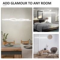 HOMCOM Modern Wave-Shape LED Pendant Light with Adjustable Hanging Chain, Metal Chandelier for Living Room, Bedroom, Dining Room, Office, Cool White 6500K, Silver(m-7)