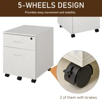 Vinsetto 2-Drawer Locking Office Filing Cabinet w/ 5 Wheels Rolling Storage Hanging Legal Letter Files Cupboard Home Organisation White Wood Grain(m-7)