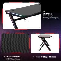 HOMCOM RGB Gaming Desk Computer Table Metal Frame with LED Light, Cup Holder, Headphone Hook, Cable Hole, Black(m-7)