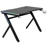 HOMCOM RGB Gaming Desk Computer Table Metal Frame with LED Light, Cup Holder, Headphone Hook, Cable Hole, Black(m-2)