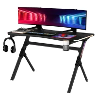 HOMCOM Gaming Desk with RGB LED Lights, Racing Style Computer Table with Carbon Fibre Surface, Cup Holder, Cable Management, Black(m-12)