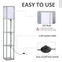 HOMCOM 3-Tier Floor Lamp, Floor Light with Storage Shelf, Reading Standing Lamp for Living Room, Bedroom, Kitchen, Dining Room, Office, Dorm, 160cm, Grey(m-7)