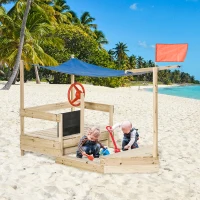 Outsunny Caixa de Areia Infantil de Madeira Desenho de Barco a Vela Toldo Quadro Negro bandeira Vermelha e Volante Caixa de Areia de Jardim para Crianças acima de 3 Anos 180x91,5x144cm Natural(m-4)
