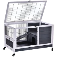 PawHut Rabbits Indoor Fir Wood Lift-Top Hutch Guinea Pigs Hutches-Grey and White(m-9)