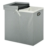HOMCOM Linen Folding Laundry Basket, Hamper Bin with 2 Sections, Lid and Removable Liner and Handles, 115L Storage Capacity, Grey(m-1)