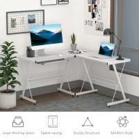 HOMCOM Office Gaming Desk L Shape Straight Corner Table Computer Work Station Laminated Sturdy w/ Keyboard Tray White(m-6)