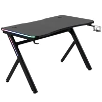 HOMCOM RGB Gaming Desk Computer Table Metal Frame with LED Light, Cup Holder, Headphone Hook, Cable Hole, Black(m-13)