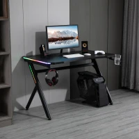 HOMCOM RGB Gaming Desk Computer Table Metal Frame with LED Light, Cup Holder, Headphone Hook, Cable Hole, Black(m-1)