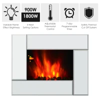 HOMCOM 1800W Wall Mounted Electric Fireplace Heater 7 Coloured LED Light Fire Glass Screen with Pebble Effect & Remote Control(m-6)