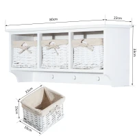 HOMCOM Entryway Coat Rack Wall Mounted Shelf w/Wicker Basket and Hooks (3 Baskets, White)(m-3)