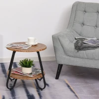 HOMCOM Retro Two-Tier Coffee Table w/ Curved Metal Frame Adjustable Feet Oak-Effect Round Tops Side End Home Furniture Stylish Living Room(m-10)