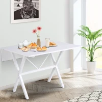 HOMCOM Dining Table Drop Leaf Metal Frame MDF Top Folding Expandable 6 Person White(m-10)