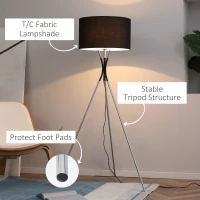 HOMCOM Modern Tripod Floor Lamp, Free Standing Light with Metal Frame, Fabric Lampshade and E27 Base for Living Room, Bedroom, Office, 146cm, Black(m-5)