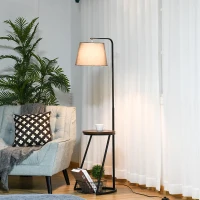 HOMCOM 165cm Unique Floor Lamp & Middle Wood Shelf Industrial Style Steel Frame Curved Base Home Office Lighting Storage Brown&Black(m-10)