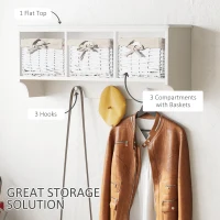 HOMCOM Entryway Coat Rack Wall Mounted Shelf w/Wicker Basket and Hooks (3 Baskets, White)(m-4)