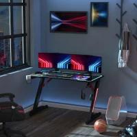 HOMCOM LED Gaming Desk, 120cm Racing Style Computer Table with Lights, Cup Holder, Headphone Hook, Cable Management, E-Sport Study Workstation, Black(m-1)