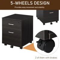 Vinsetto 2-Drawer Locking Office Filing Cabinet w/ 5 Wheels Rolling Storage Hanging Legal Letter Files Cupboard Home Organisation Black Wood Grain(m-5)