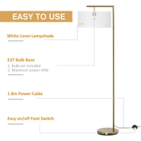 HOMCOM Floor Lamp, Modern Standing Light with Linen Lampshade, Round Base for Living Room, Bedroom, Dining Room, 153cm, Gold and White(m-6)