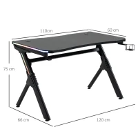 HOMCOM Gaming Desk with RGB LED Lights, Racing Style Computer Table with Carbon Fibre Surface, Cup Holder, Cable Management, Black(m-3)
