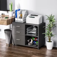 HOMCOM Freestanding Printer Stand Unit Office Desk Side Mobile Storage w/ Wheels 3 Drawers, 2 Open Shelves Modern Style 80L x 40W x 65H cm - Grey(m-7)