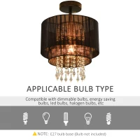 HOMCOM Vintage Metal Ceiling Light Chandelier with 2 Drum Shape Lampshade, Decorative Acrylic Crystal Pendants, for Living Room, Dining Room, Bedroom, Office, Black(m-6)