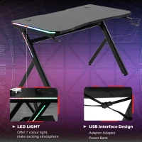HOMCOM RGB Gaming Desk Computer Table Metal Frame with LED Light, Cup Holder, Headphone Hook, Cable Hole, Black(m-6)