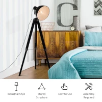 HOMCOM Tripod Floor Lamp, Spotlight Reading Lamp w/ Adjustable Height, Angle, Wood Legs for Living Room, Bedroom, Home, Office, Black and White(m-6)