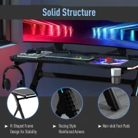 HOMCOM Gaming Desk with RGB LED Lights, Racing Style Computer Table with Carbon Fibre Surface, Cup Holder, Cable Management, Black(m-7)