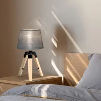 HOMCOM Wooden Tripod Table Lamp for Side, Desk or End Table with E27 Bulb Base（Grey Shade）(m-10)