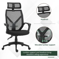 Vinsetto High Back Home Mesh Office Chair Swivel Reclining w/ Lumbar Support Height Adjustable Free Moving Suitable For Working Relaxing Black(m-7)