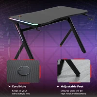 HOMCOM RGB Gaming Desk Computer Table Metal Frame with LED Light, Cup Holder, Headphone Hook, Cable Hole, Black(m-5)