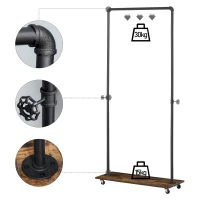 HOMCOM Industrial-Style Steel Clothes Rail w/ Hooks Shelf Wheels Compact Garment Storage Coat Dress Shirts Rustic Brown & Black(m-4)