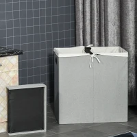 HOMCOM Linen Folding Laundry Basket, Hamper Bin with 2 Sections, Lid and Removable Liner and Handles, 115L Storage Capacity, Grey(m-7)