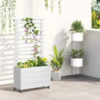 Outsunny Floreira com Treliça de Madeira Maciça com 4 Rodas Caixa de Plantio com Suporte para Plantas Trepadeiras e Malha Geotêxtil para Cultivos de Plantas Flores 76x30x155cm Branco(m-2)