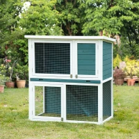 PawHut 2 Tier Wooden Rabbit Hutch, Guinea Pig Cage, Bunny Run, Small Animal House for Indoor Outdoor with Slide-out Tray, Ramp, 104 x 58 x 110cm, Green(m-2)