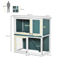 PawHut 2 Tier Wooden Rabbit Hutch, Guinea Pig Cage, Bunny Run, Small Animal House for Indoor Outdoor with Slide-out Tray, Ramp, 104 x 58 x 110cm, Green(m-3)
