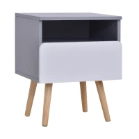 HOMCOM Clean-Cut Bedside Table Bedroom w/ Drawer Open Compartment Wood Legs Sleek Home Furniture Night Stand Stylish Grey White(m-11)