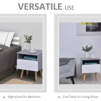 HOMCOM Clean-Cut Bedside Table Bedroom w/ Drawer Open Compartment Wood Legs Sleek Home Furniture Night Stand Stylish Grey White(m-7)