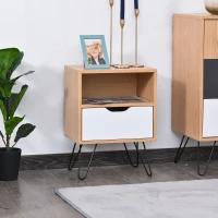 HOMCOM BedsideTable Nightstand Table Cabinet with Storage Drawer Metal Legs Home White Natural Color(m-10)