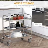 HOMCOM Stainless Steel 3 Tier Rolling Kitchen Service Cart Catering Storage Trolley Island Utility with Locking Wheels for Hotels Restaurants 70.5L x 40.5D x 81H (cm)(m-4)