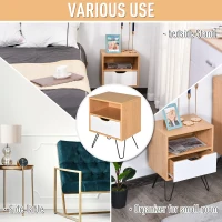 HOMCOM BedsideTable Nightstand Table Cabinet with Storage Drawer Metal Legs Home White Natural Color(m-5)