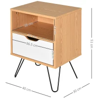 HOMCOM BedsideTable Nightstand Table Cabinet with Storage Drawer Metal Legs Home White Natural Color(m-3)