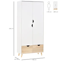 HOMCOM 2-Door Clothes Wardrobe w/ Rail Shelf 2 Drawers Wood Feet Elegant Home Storage Organisation Furniture Dresses Coats Blankets Shoes White(m-3)