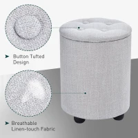 HOMCOM φ30 x 40H cm Elegant Linen Storage Ottoman Stool w/ Tufting Padded Top Home Living Room Furniture Seat Footrest Removable Lid Grey(m-6)